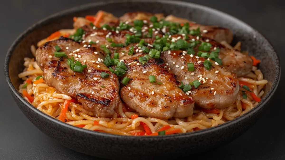 Asian-Inspired Pork Chops with Chili Oil and Noodles
