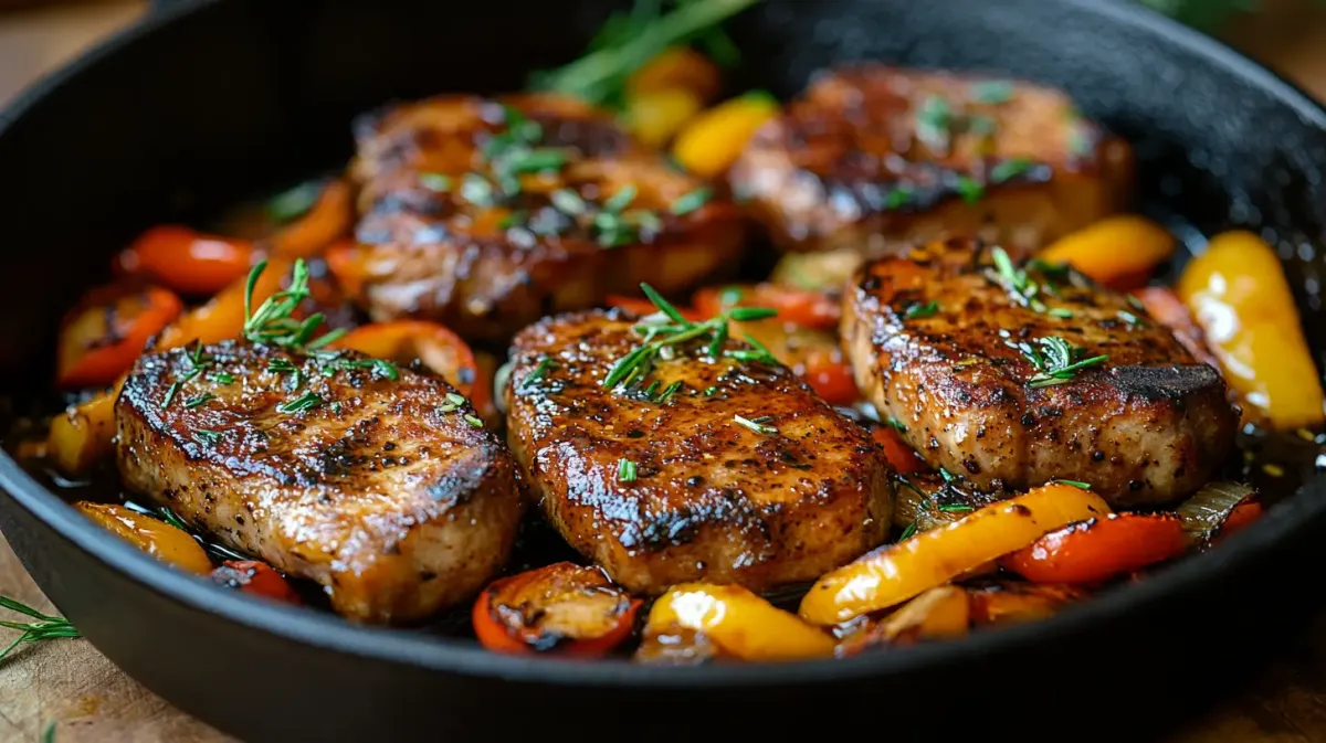 Chipotle Pork Chops with Roasted Peppers and Onions
