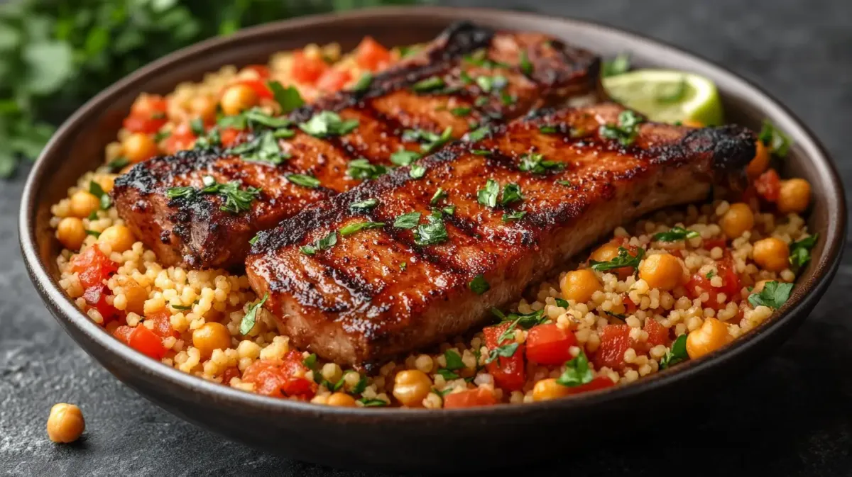 Lemon Herb Pork Chops with Couscous and Chickpeas