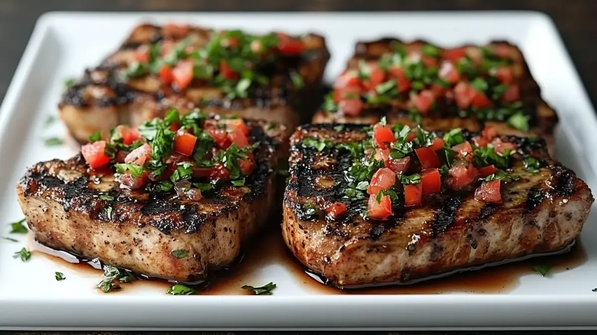 Pork Chops with Bruschetta Topping and Balsamic Glaze
