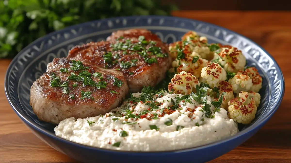 Pork Chops with Hummus and Roasted Cauliflower