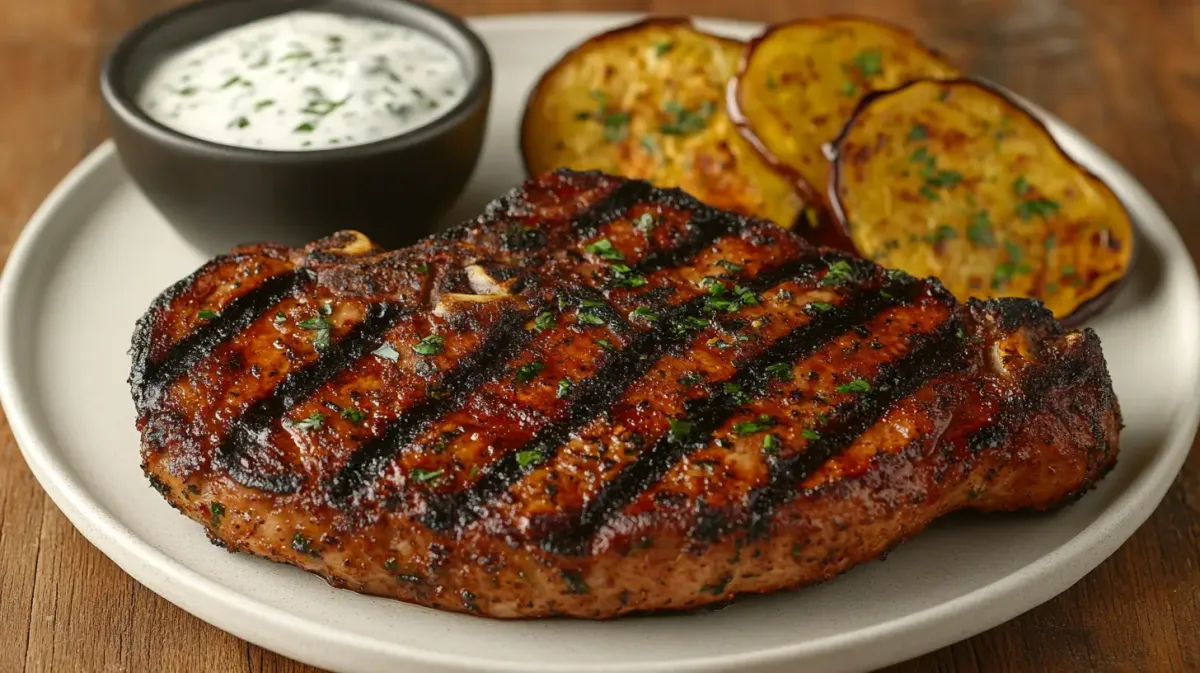 Pork Chops with Roasted Eggplant and Garlic Yogurt Sauce
