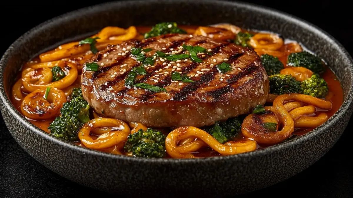 Sesame-Crusted Pork Chops with Udon and Broccoli