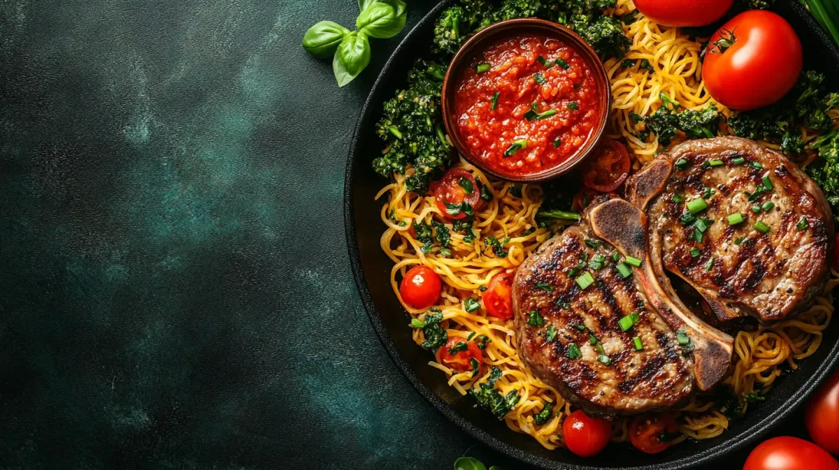 Sticky Asian Pork Chops with Rice Noodles and Scallions