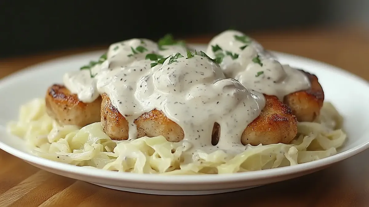 Pork Chops with Garlic Cream Sauce and Sautéed Cabbage