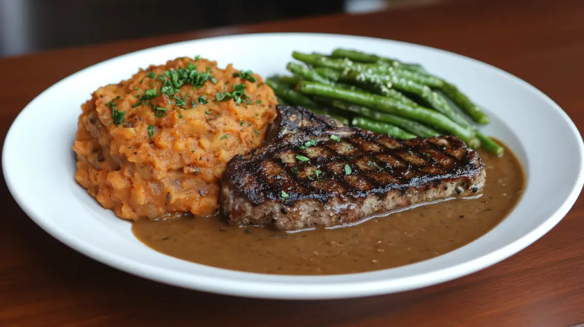 Pork Chops with Roasted Garlic Mashed Potatoes and Gravy