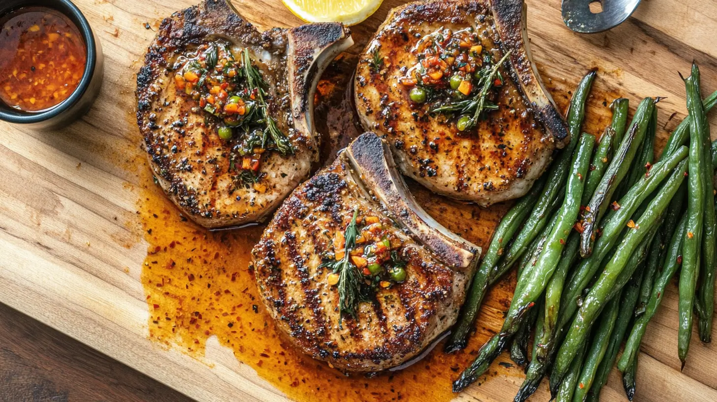 Bone-In Pork Chops with Sweet Chili Sauce and Green Beans