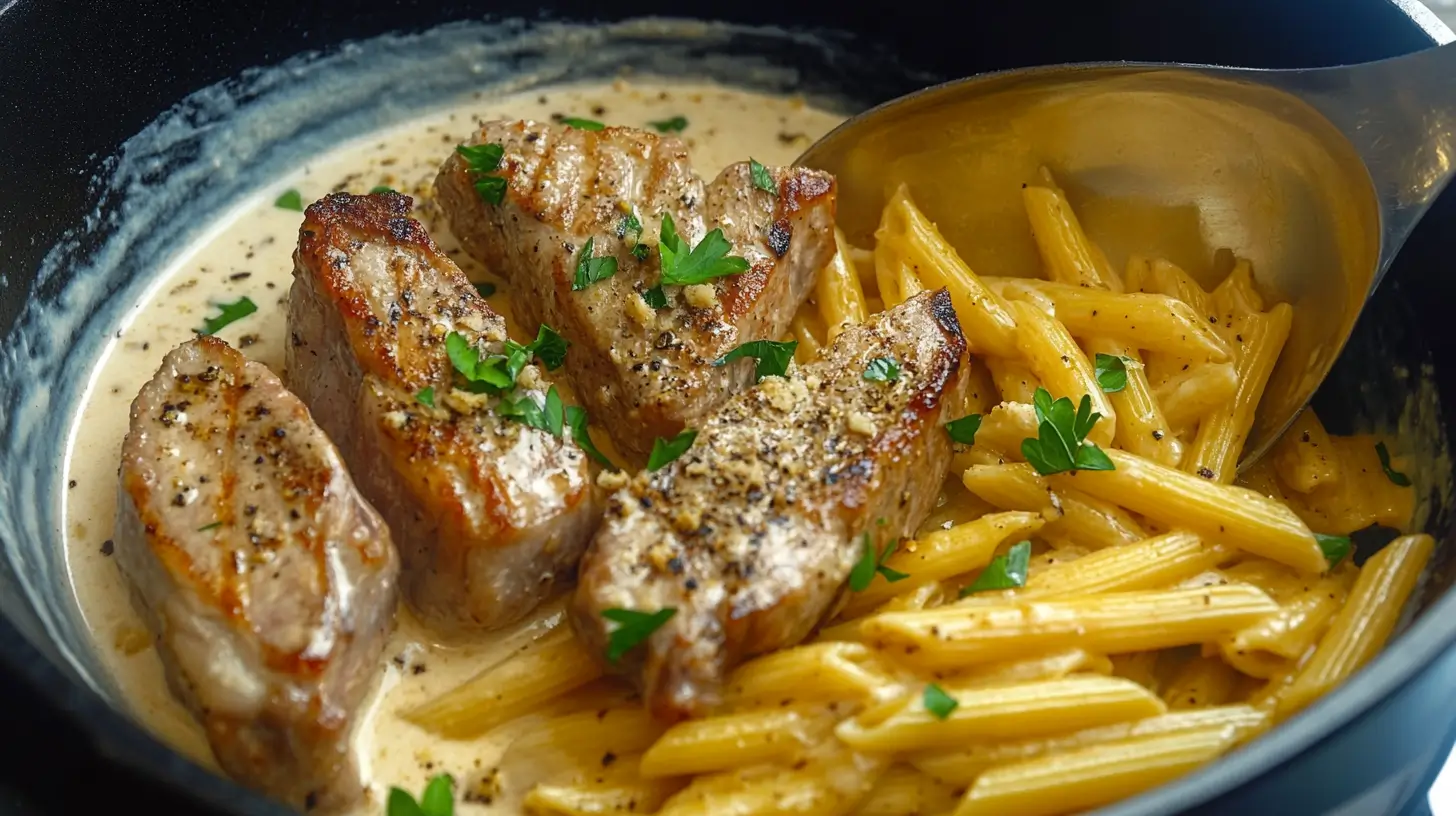 Butterfly Pork Chops with Alfredo Sauce and Penne