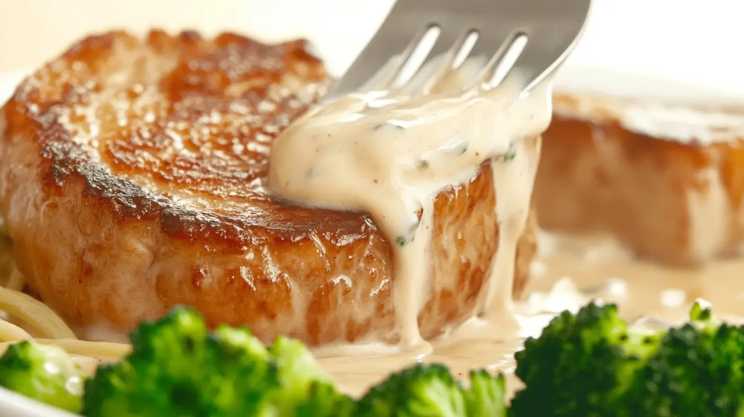 Center Cut Pork Chops with Creamy Alfredo and Broccoli