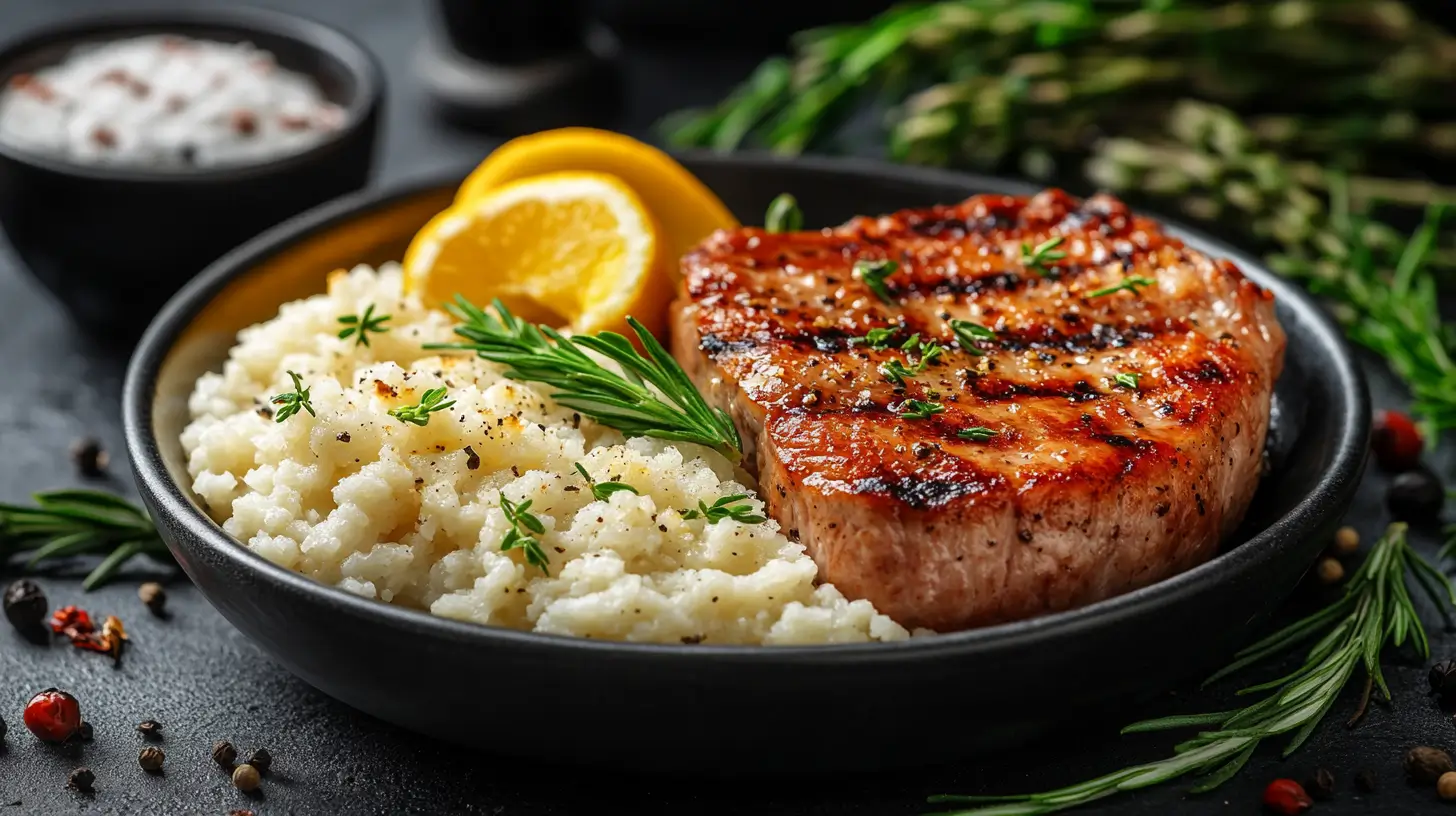 Gluten-Free Pork Chops with Garlic Lemon Zest and Asparagus