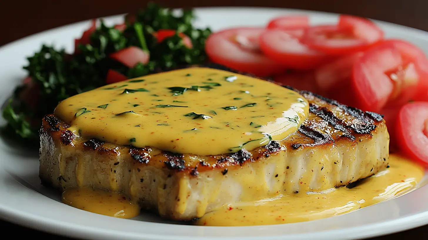 Low Carb Pork Chops with Spicy Mustard Sauce and Kale