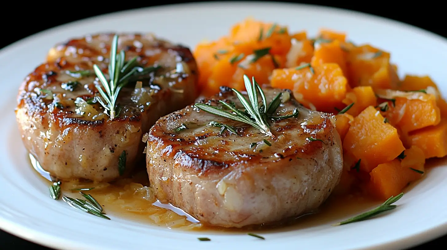 Oven Pork Chops and Sauerkraut with Sweet Potatoes