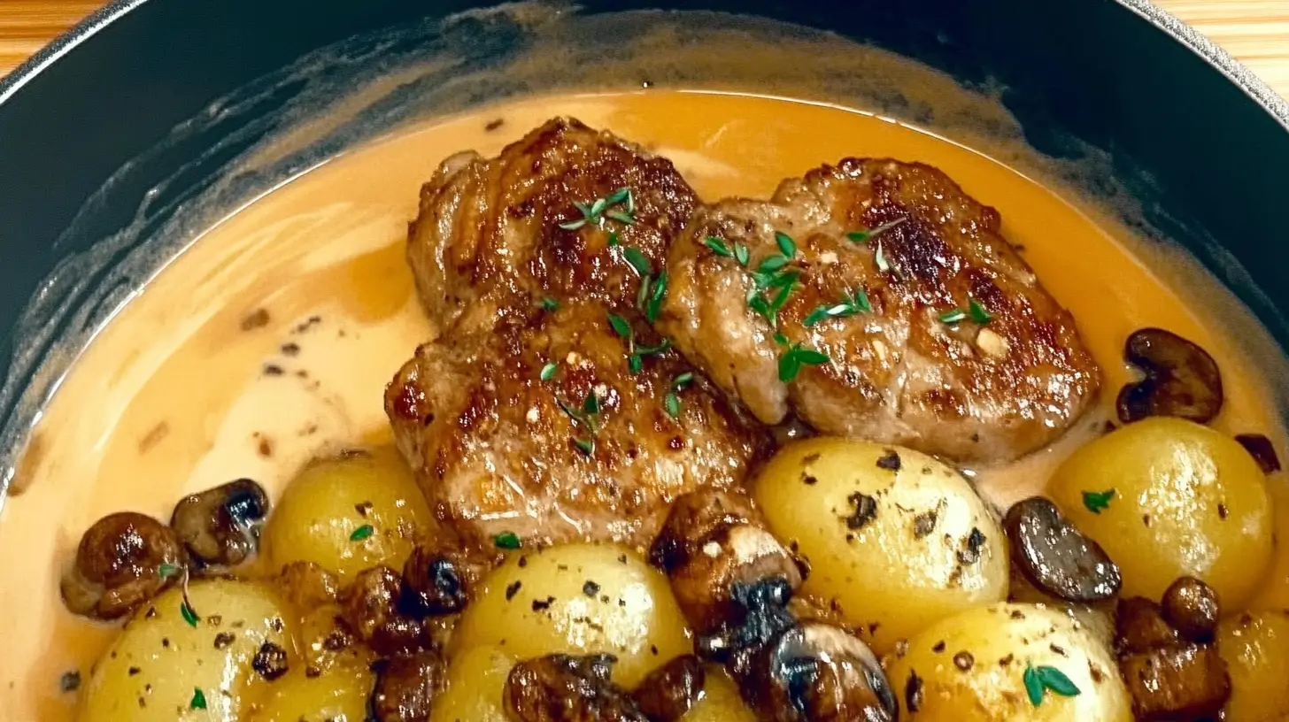 Pork Chops and Potatoes with Mushroom Gravy and Thyme