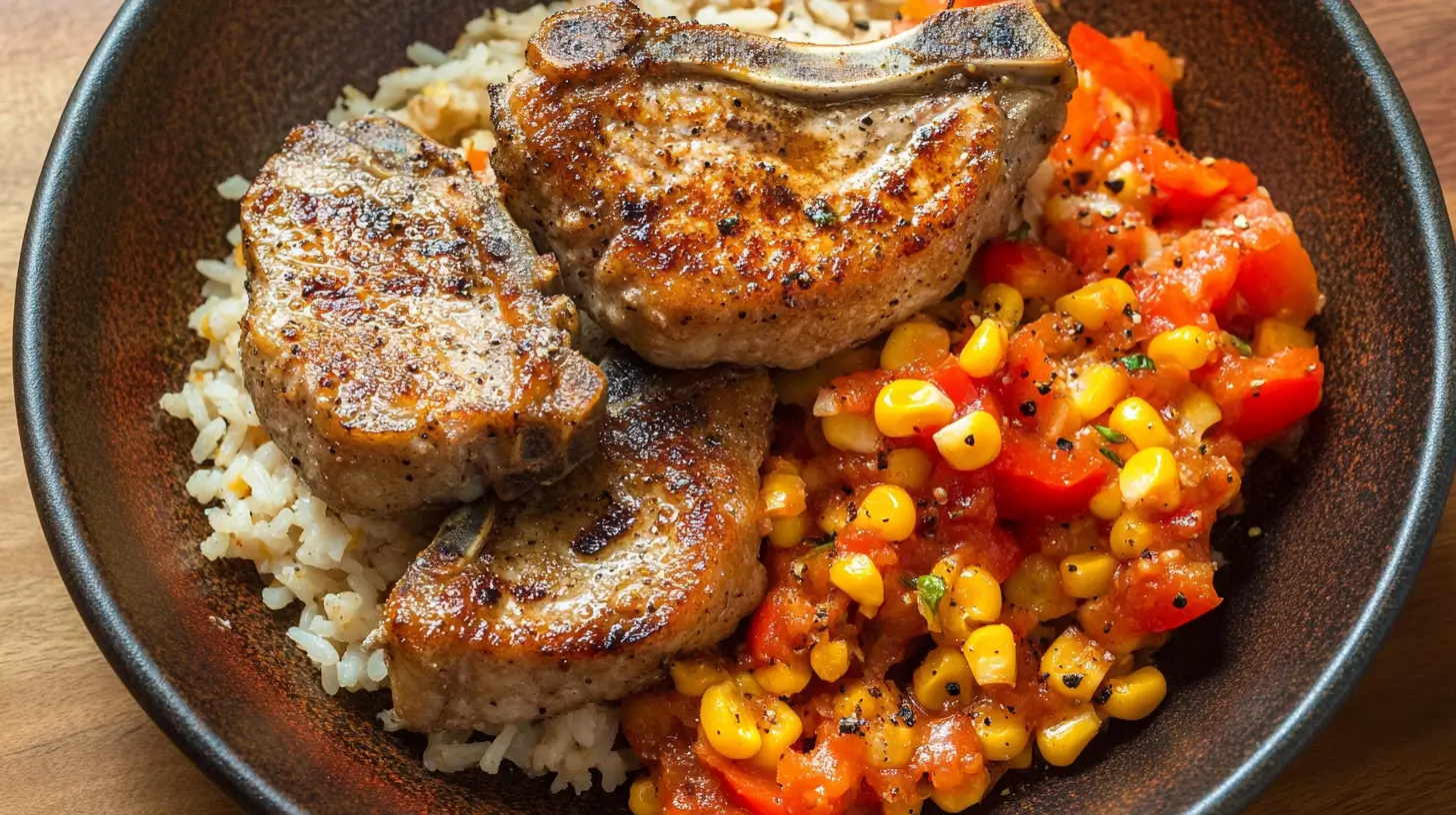 Pork Chops and Rice with Roasted Corn and Tomatoes