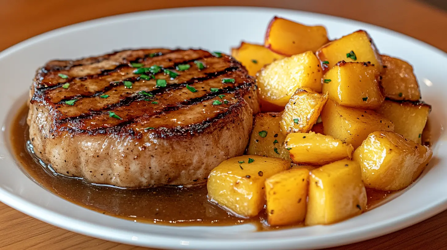 Pork Chops with Hot Honey Drizzle and Roasted Peaches