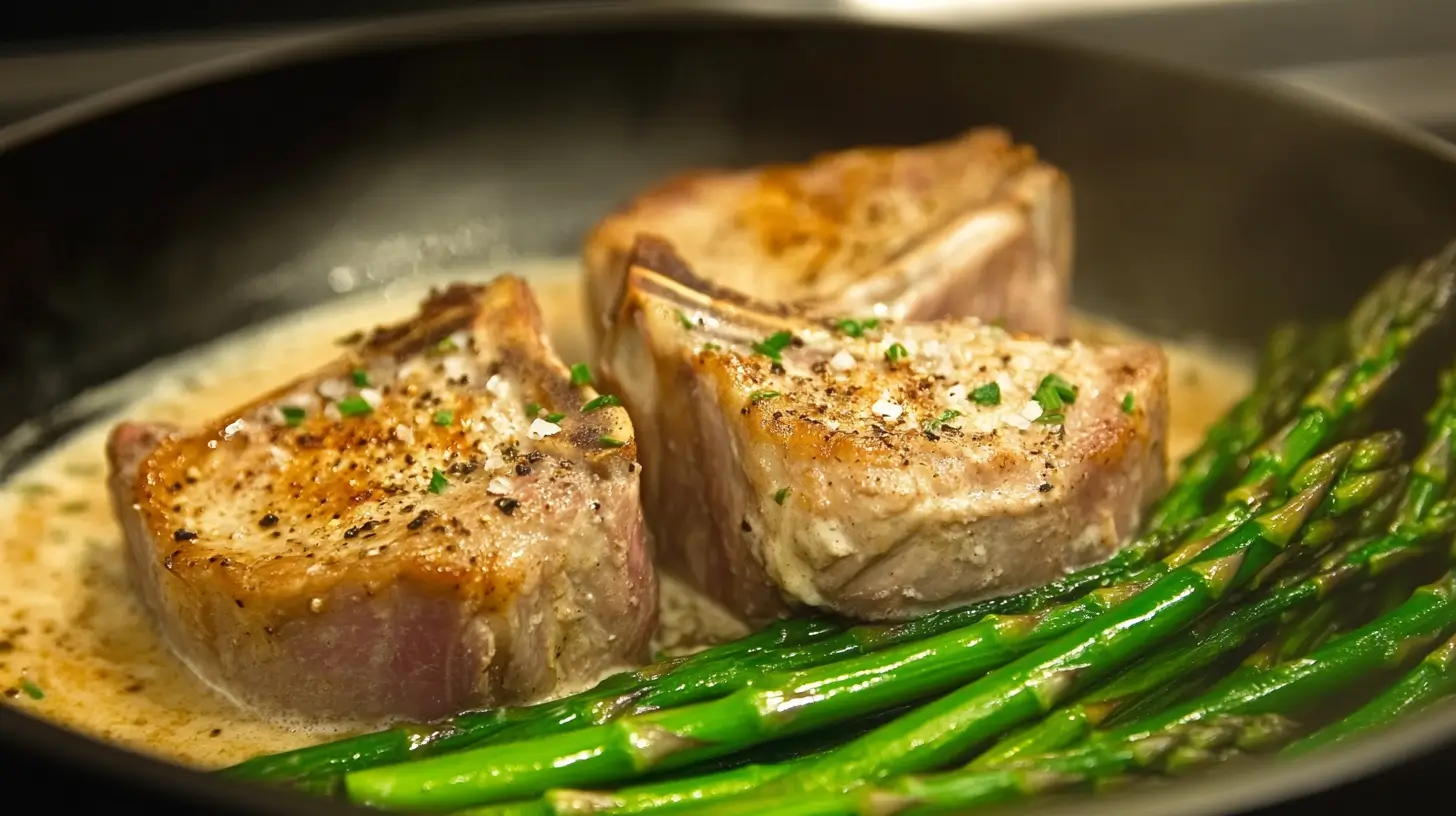 Thick Pork Chops with Garlic Lemon Cream and Asparagus