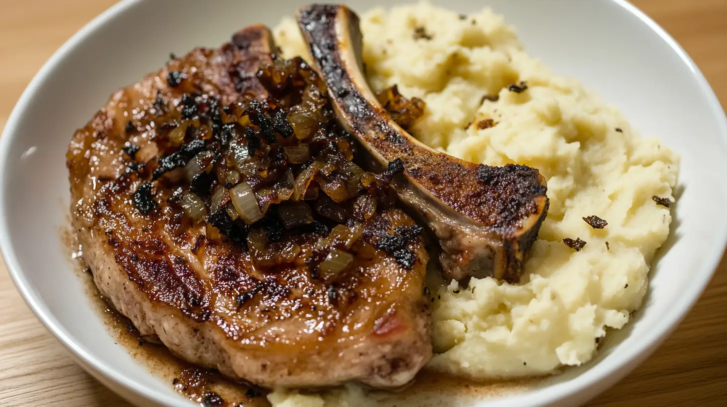 Thick Pork Chops with Onion Jam and Mashed Potatoes