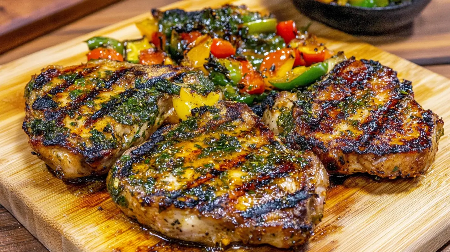 Juicy Honey Mustard Grilled Pork Chops on a Charcoal Grill