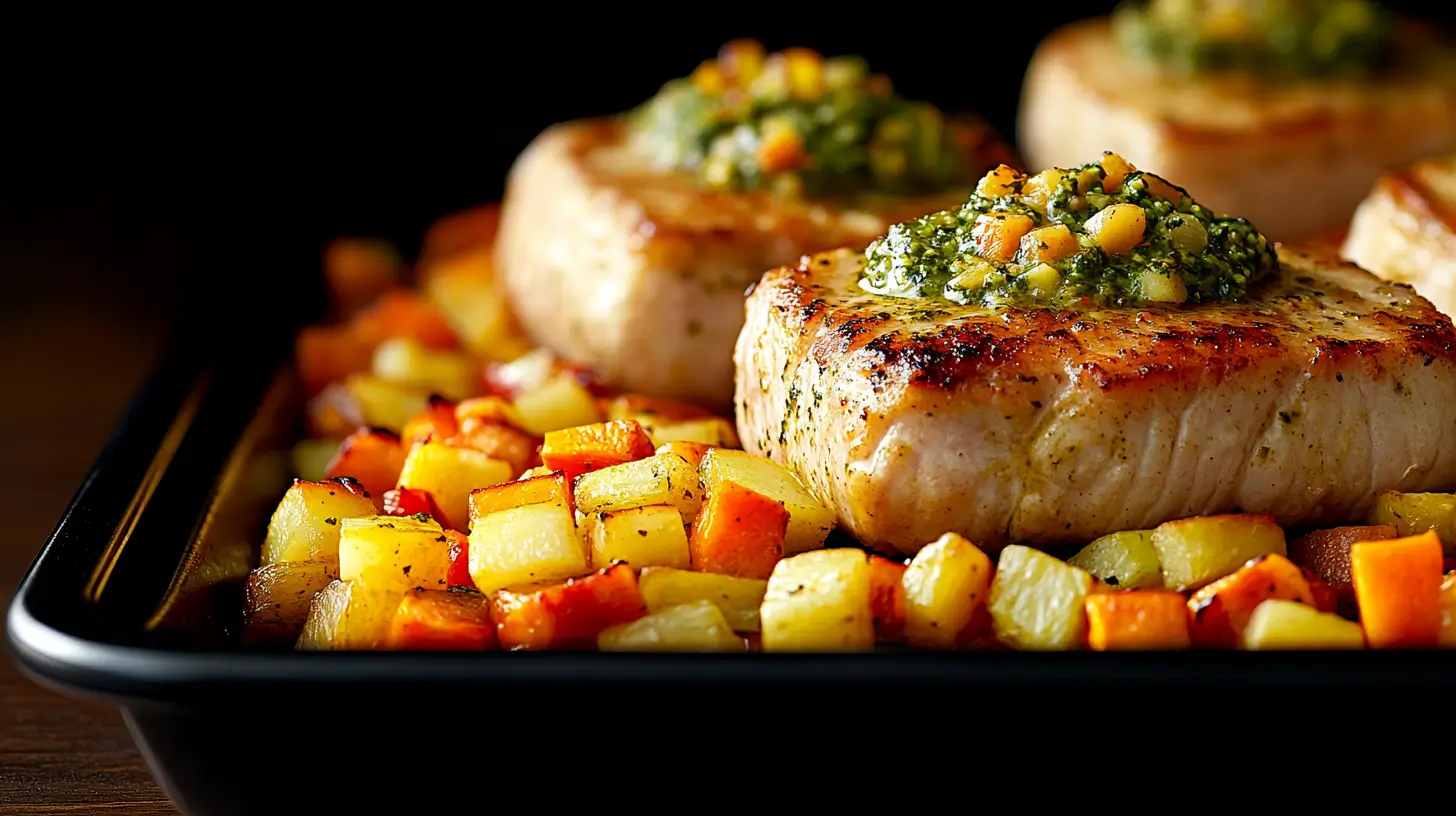 Calories in Pork Chops with Pesto and Roasted Veggies