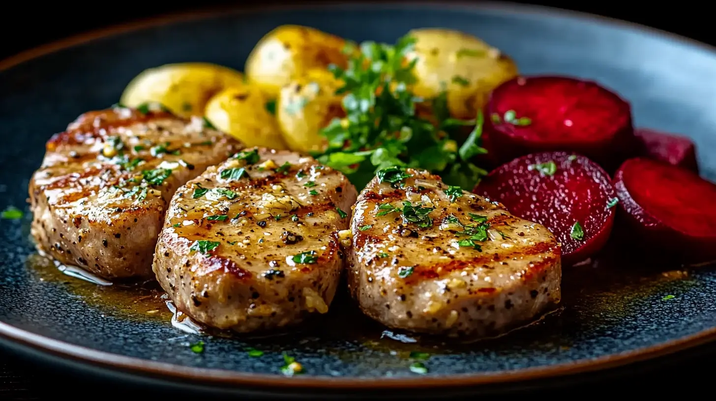 German Pork Chops with Mustard Crust and Roasted Beets