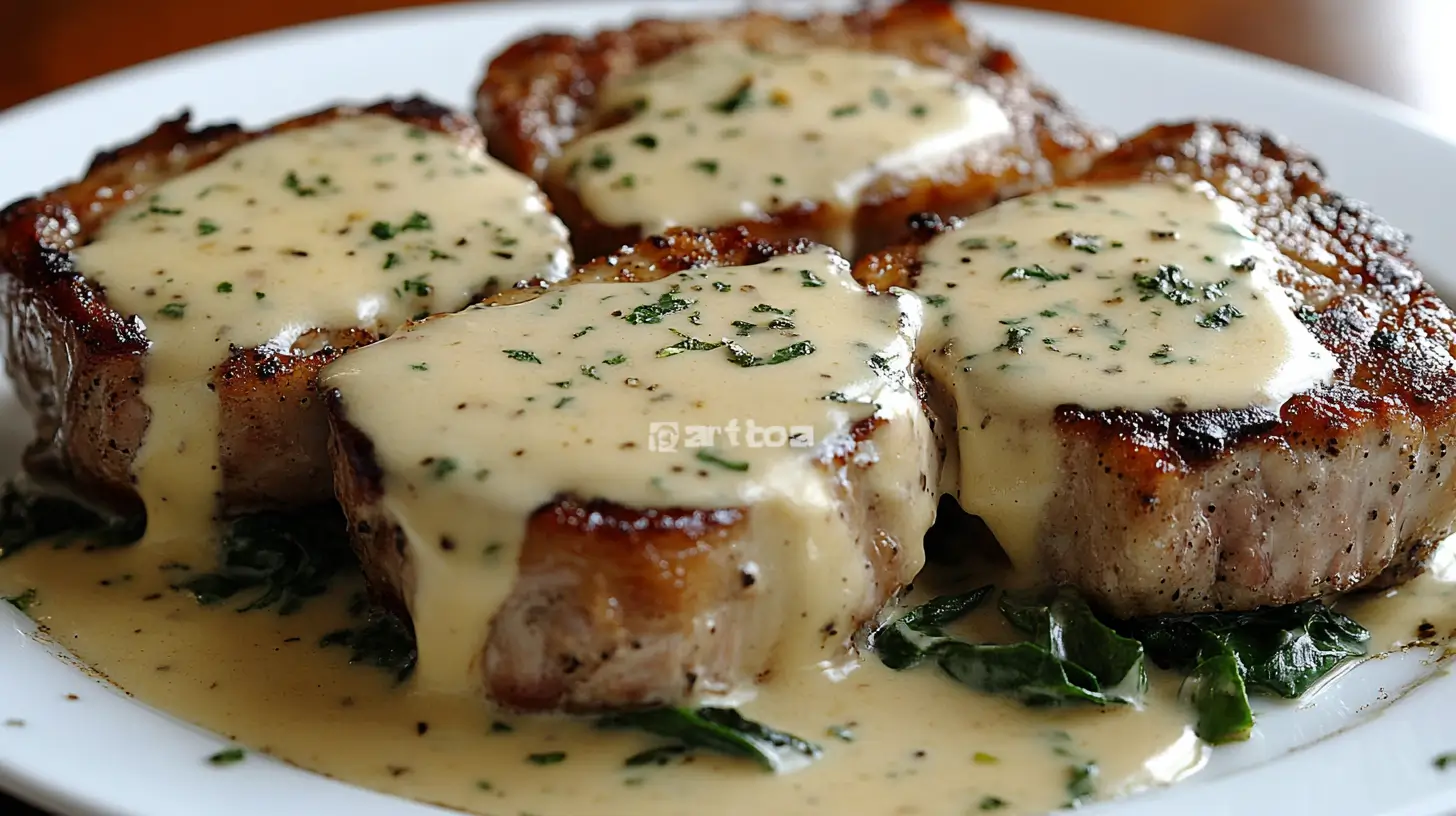 Pork Chops with Creamy Alfredo Sauce and Spinach