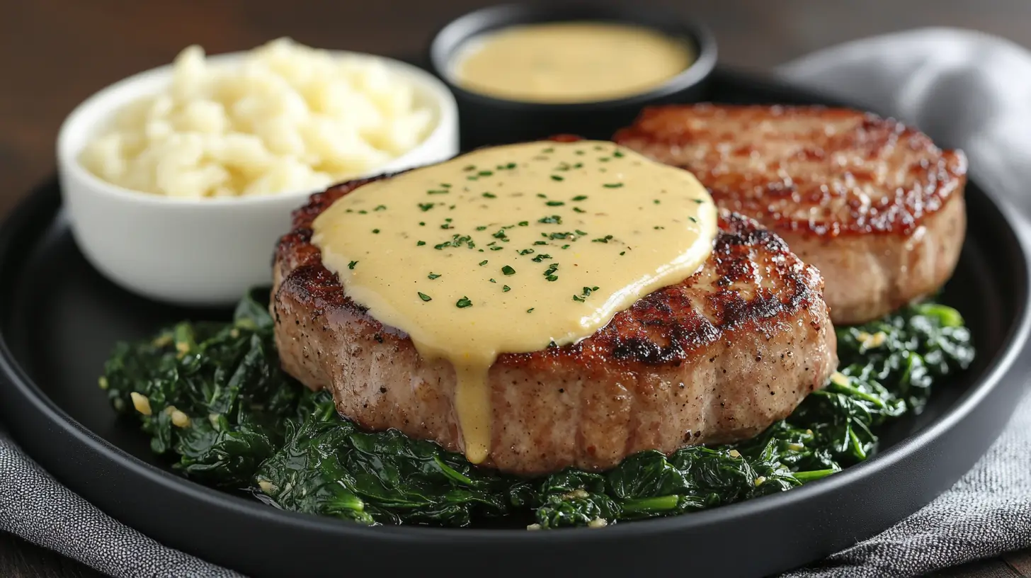 Pork Chops with Lemon Butter Sauce and Sauteed Spinach