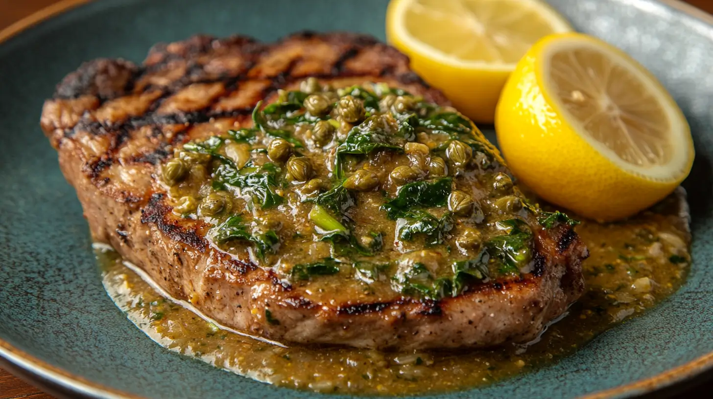 Pork Chops with Lemon Caper Sauce and Wilted Greens