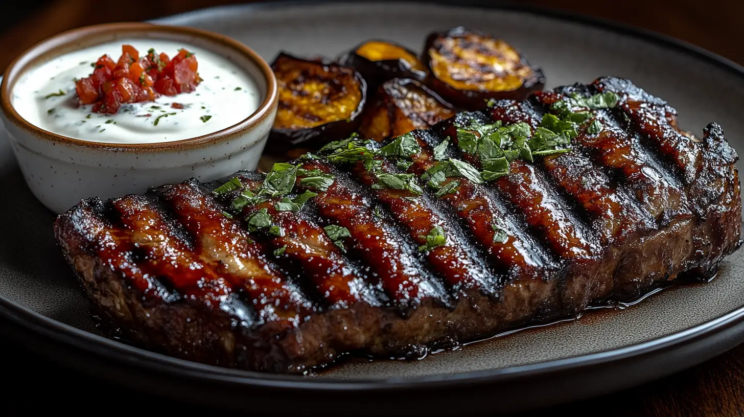 Pork Chops with Mint Yogurt Sauce and Grilled Eggplant