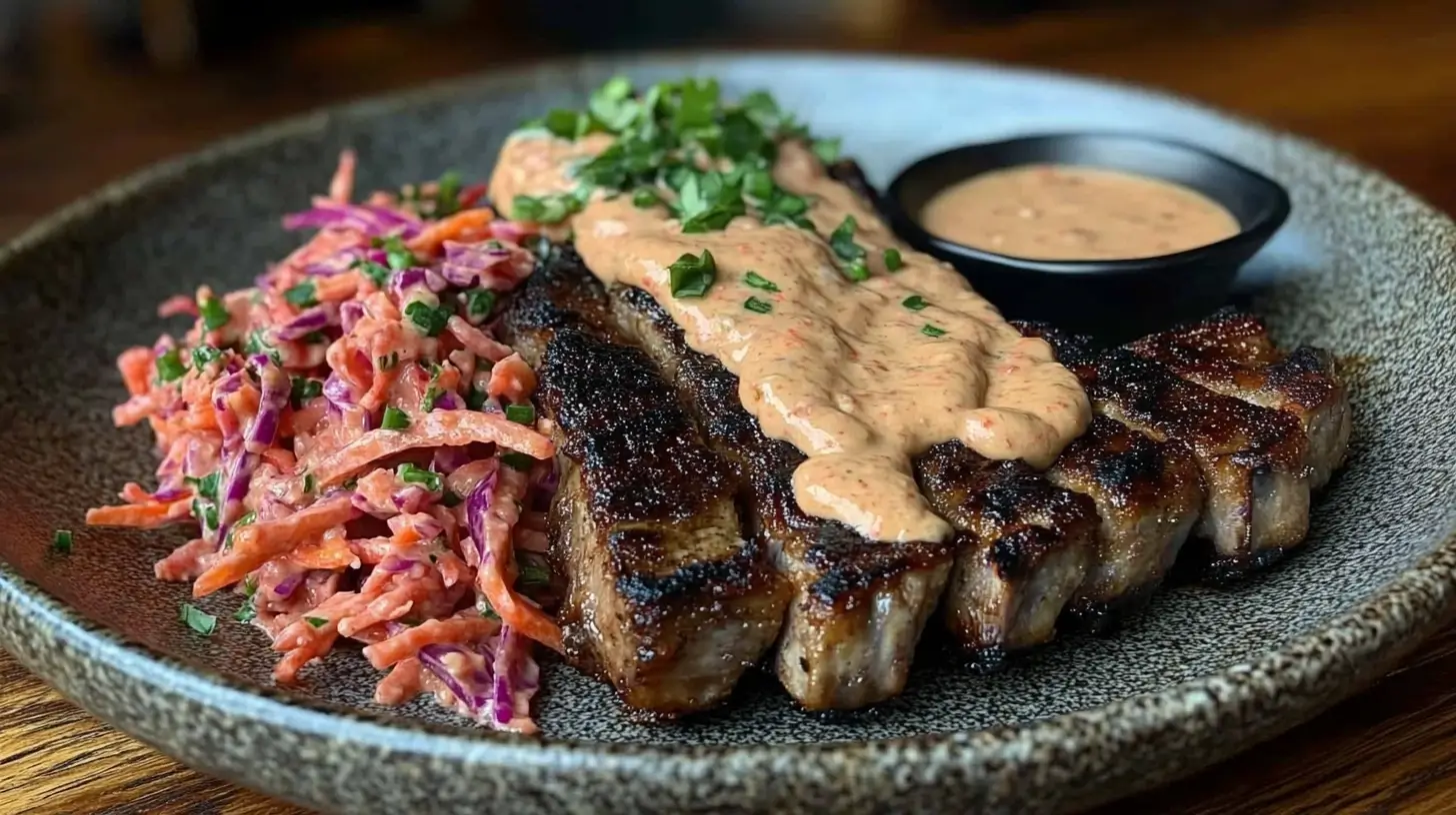 Pork Chops with Mustard Sauce and Red Cabbage Slaw