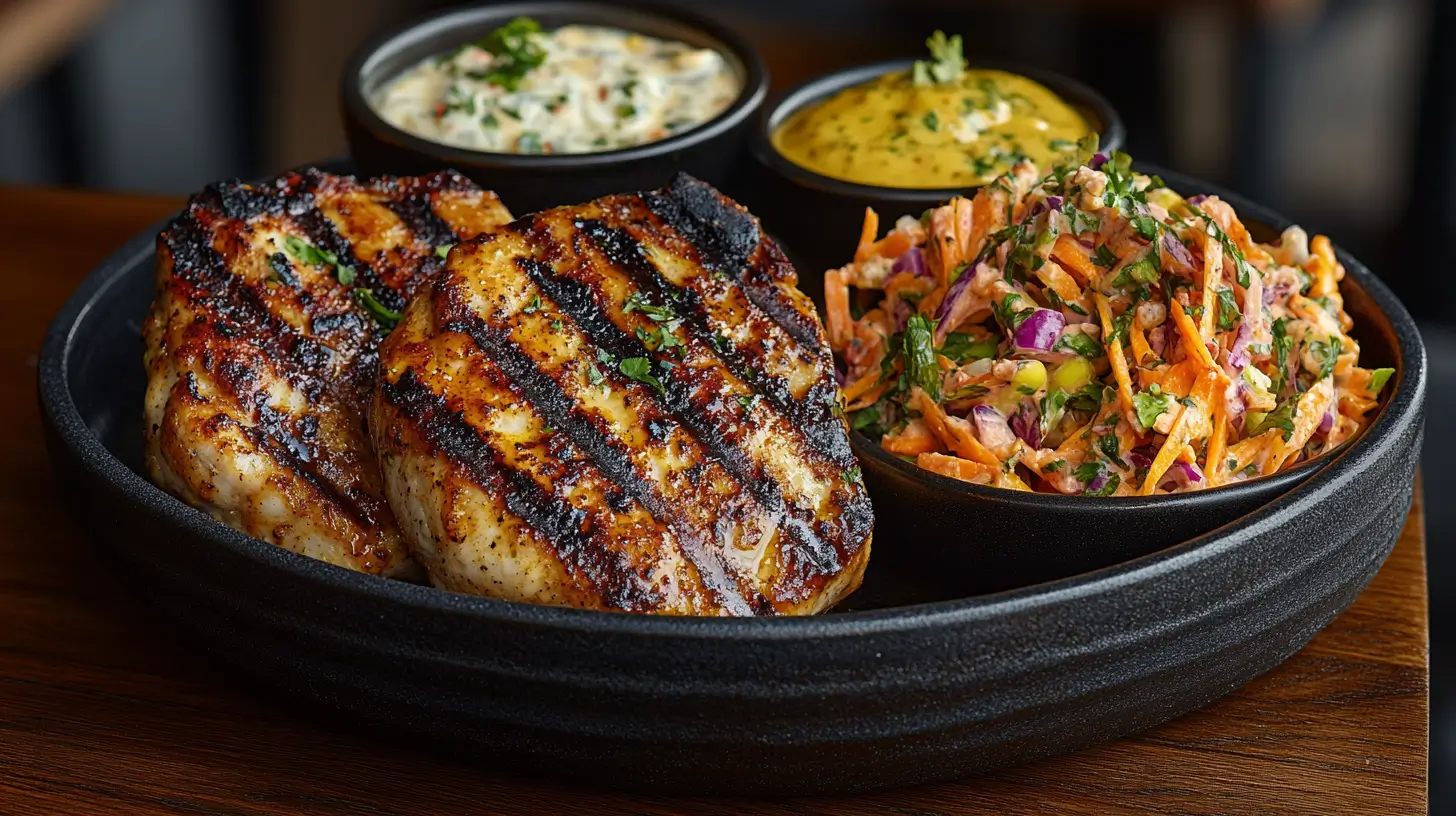 Pork Chops with Tamarind Glaze and Caribbean Slaw