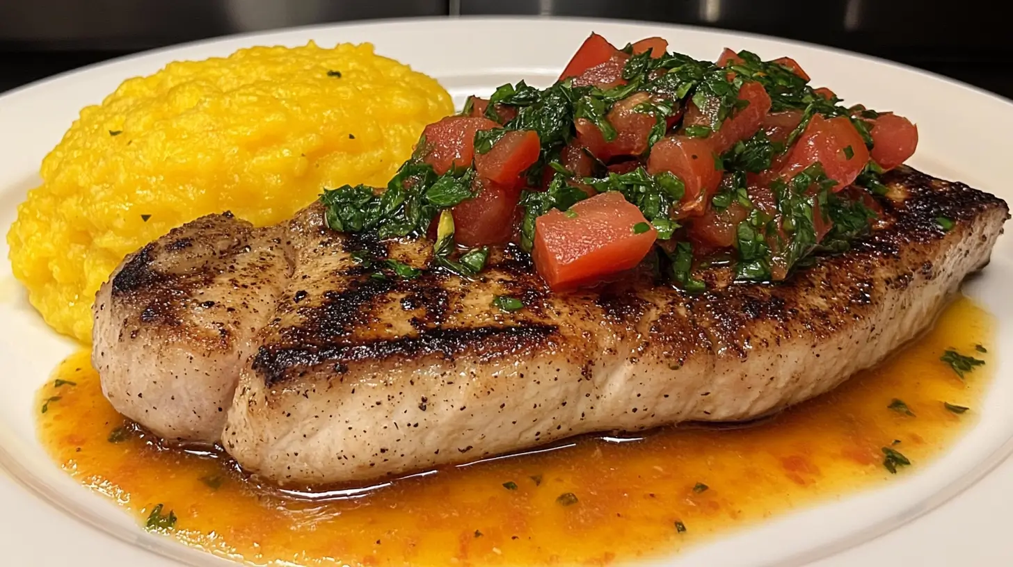 Pork Chops with Tomato Basil Sauce and Polenta