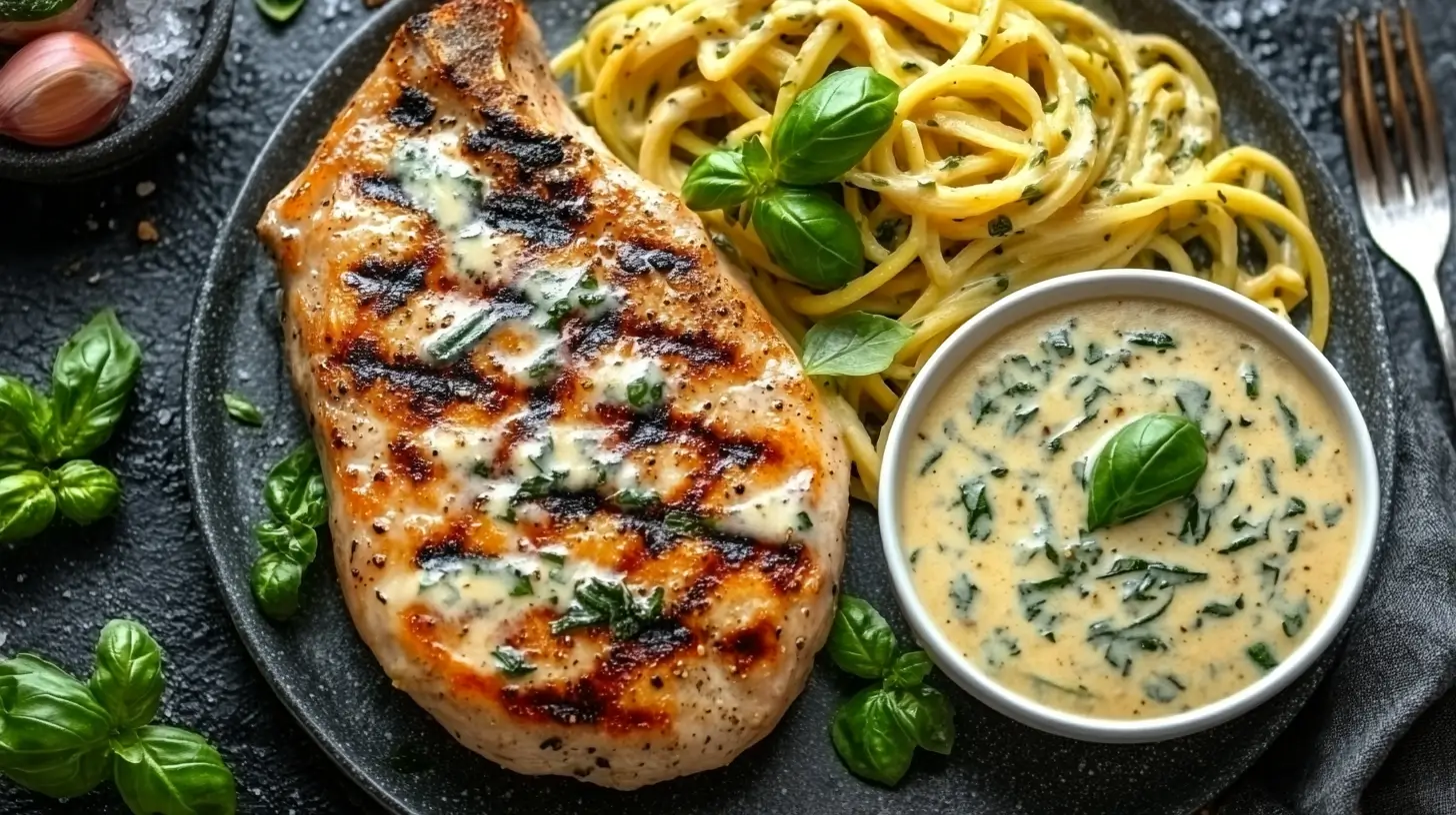 Pork Chops with Zucchini Noodles and Basil Cream Sauce
