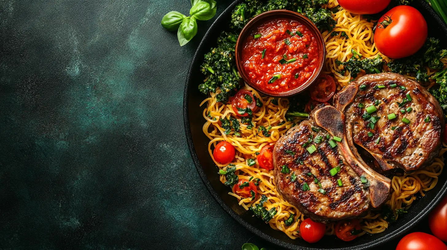 Sticky Asian Pork Chops with Rice Noodles and Scallions