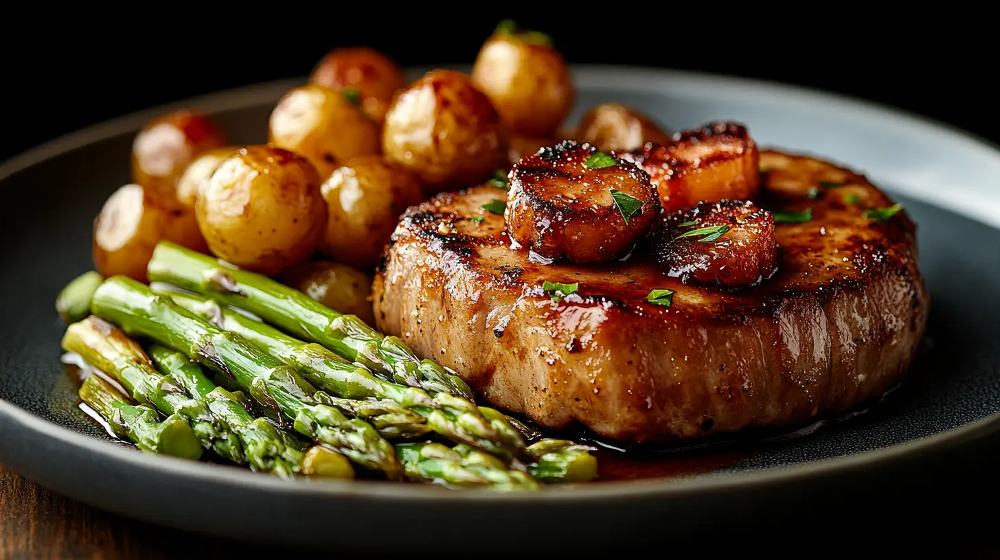 High Protein Pork Chops with Turkey Bacon and Asparagus Post image