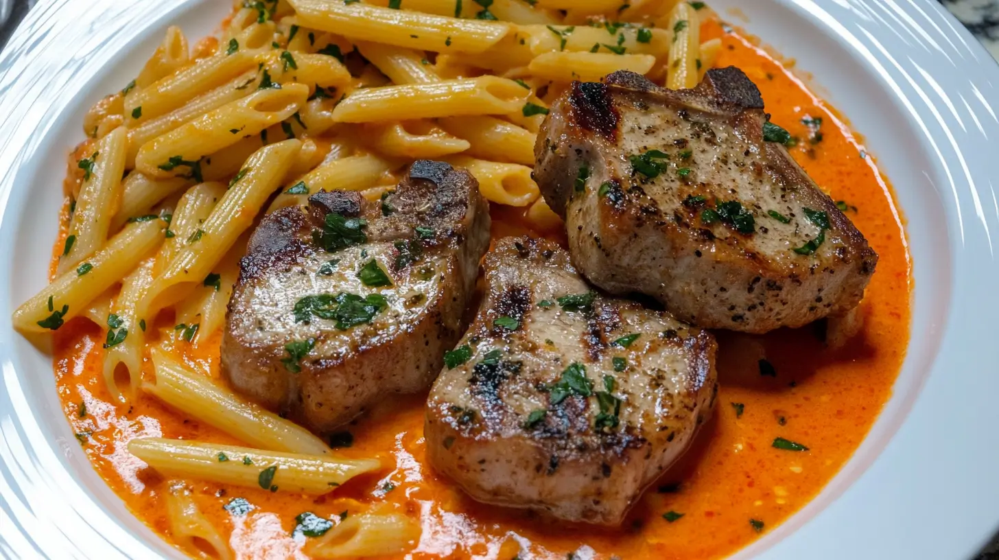 Pork Sirloin Chops with Tomato Basil Sauce and Penne Post image