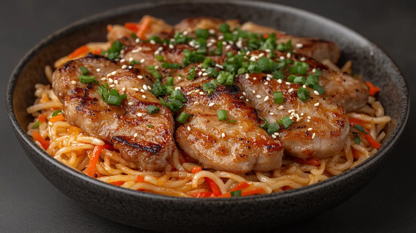 Asian-Inspired Pork Chops with Chili Oil and Noodles Post image