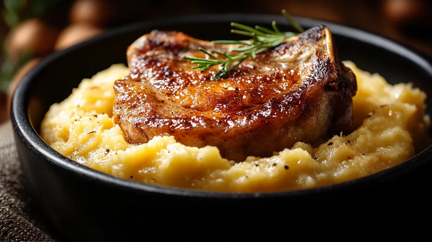 Caribbean Pork Chops with Sweet Potato Mash and Greens Post image