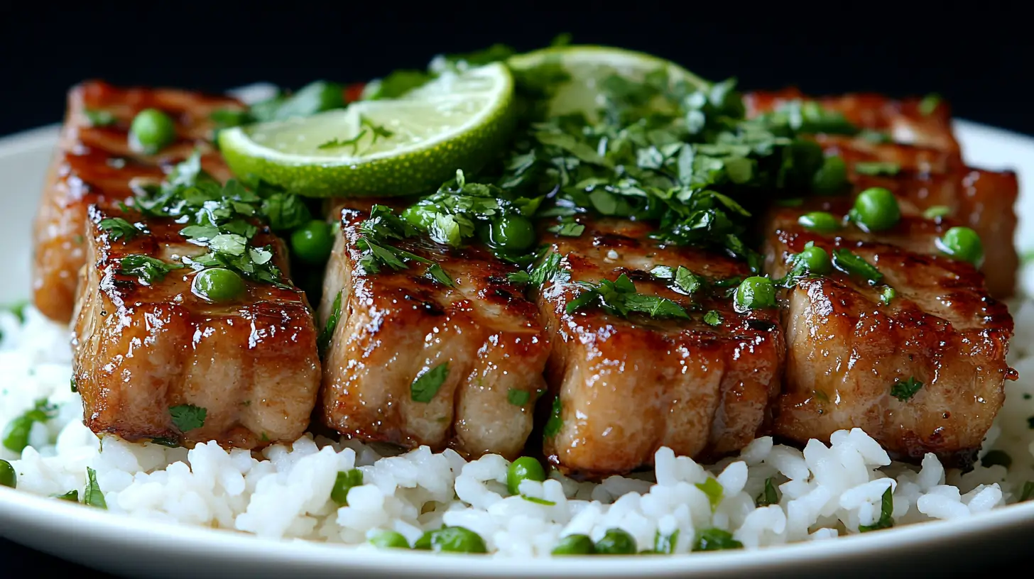 Pork Chops with Cilantro Lime Butter and Rice & Peas Post image