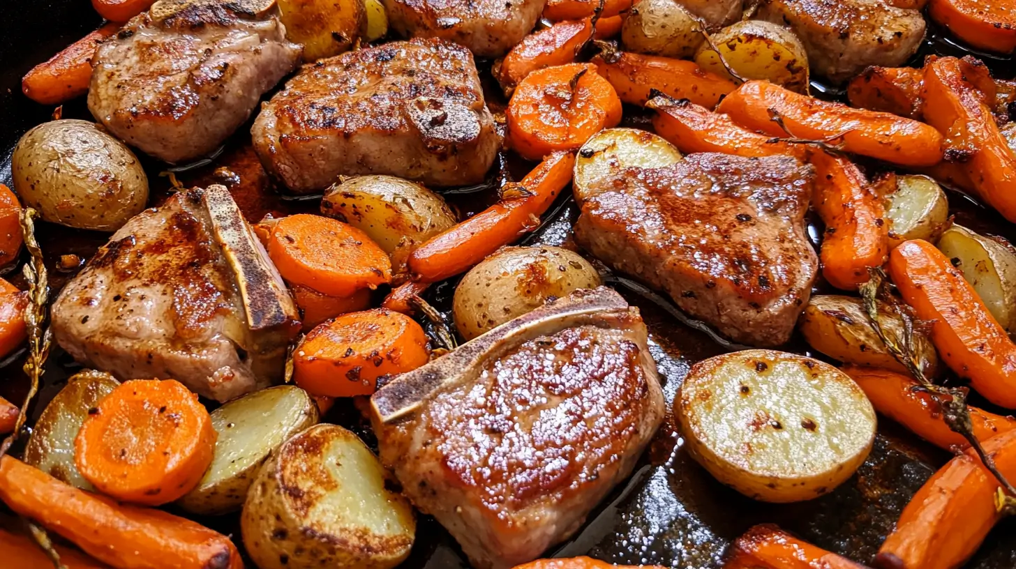 Pork Chops and Potatoes with Carrots and Honey Glaze