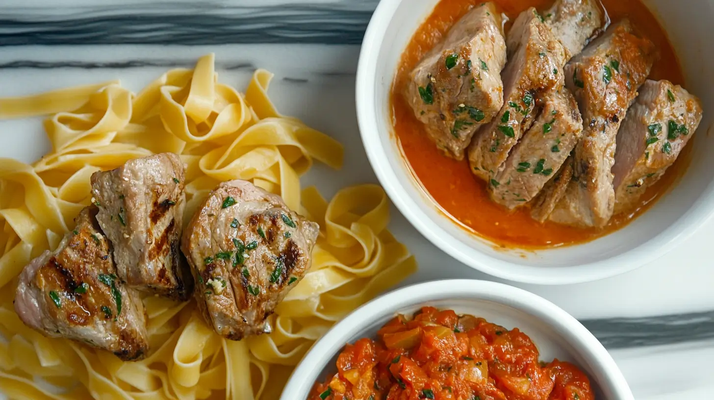 Thick Pork Chops with Tomato Basil Butter and Pasta