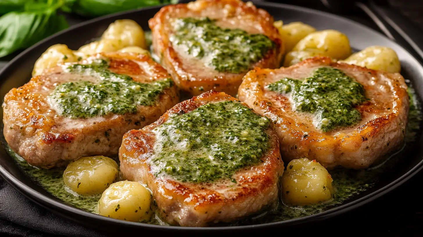 Pork Chops with Gnocchi and Pesto Cream Sauce